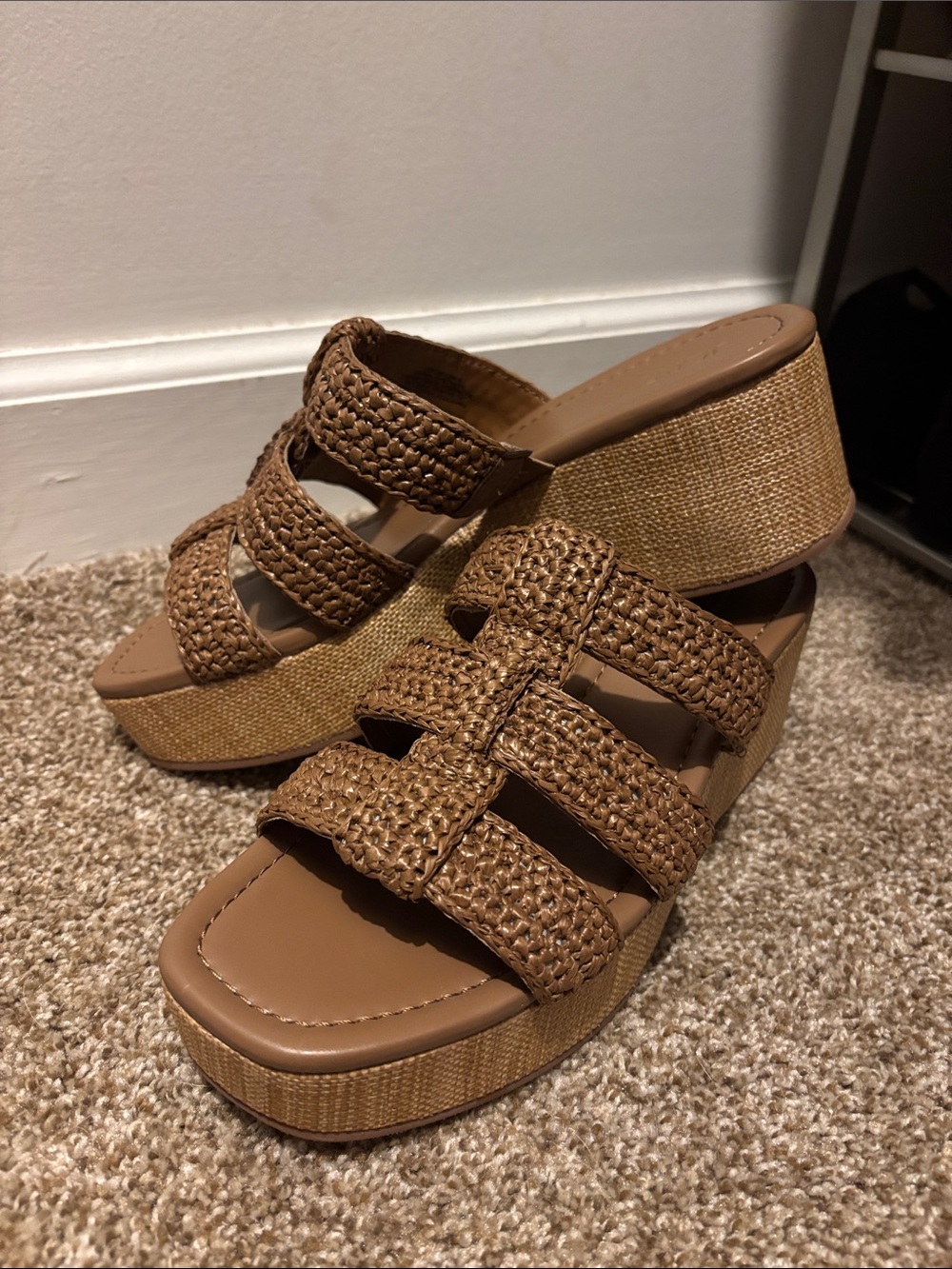 J. Crew Tan Brown Woven Platform Wedge Slides
